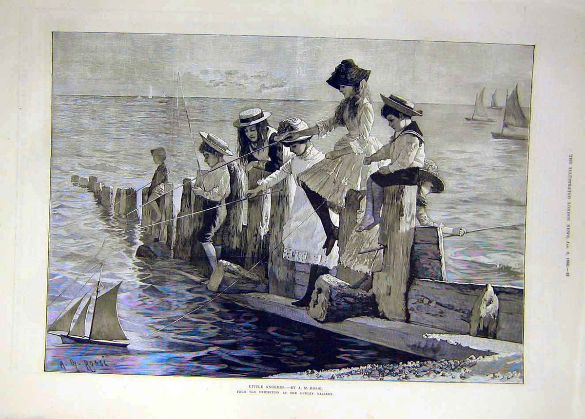 Original Old Antique Print 1886 Little-Anglers Rossi Fine Art Children Fishing