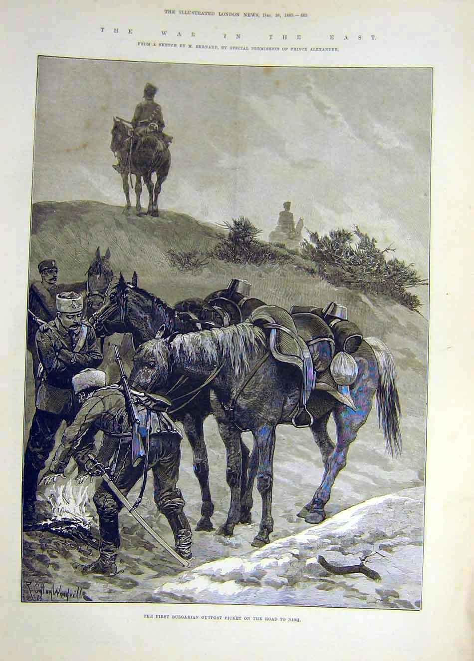 Original Old Antique Print 1885 War East Bernard Bulgarian Outpost Picket Nish
