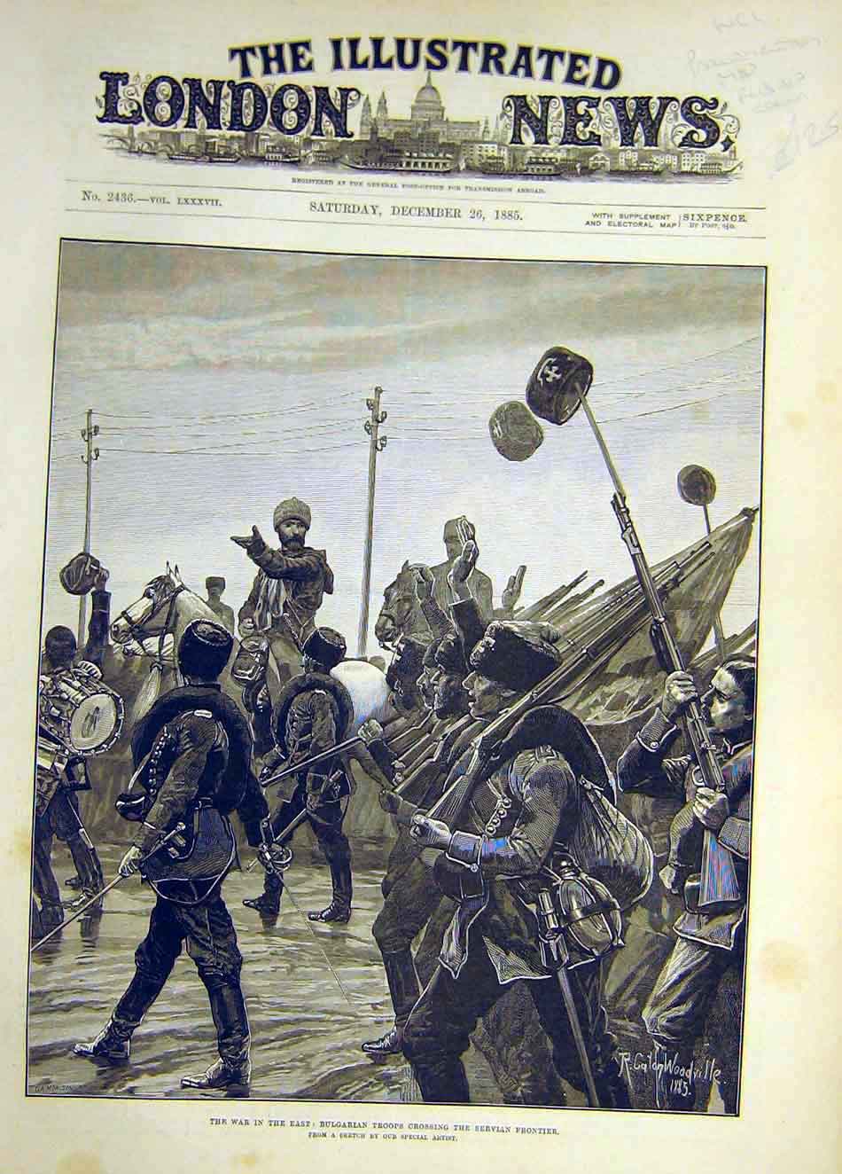 Original Old Antique Print 1885 War Bulgarian Troops Servian Frontier Troops