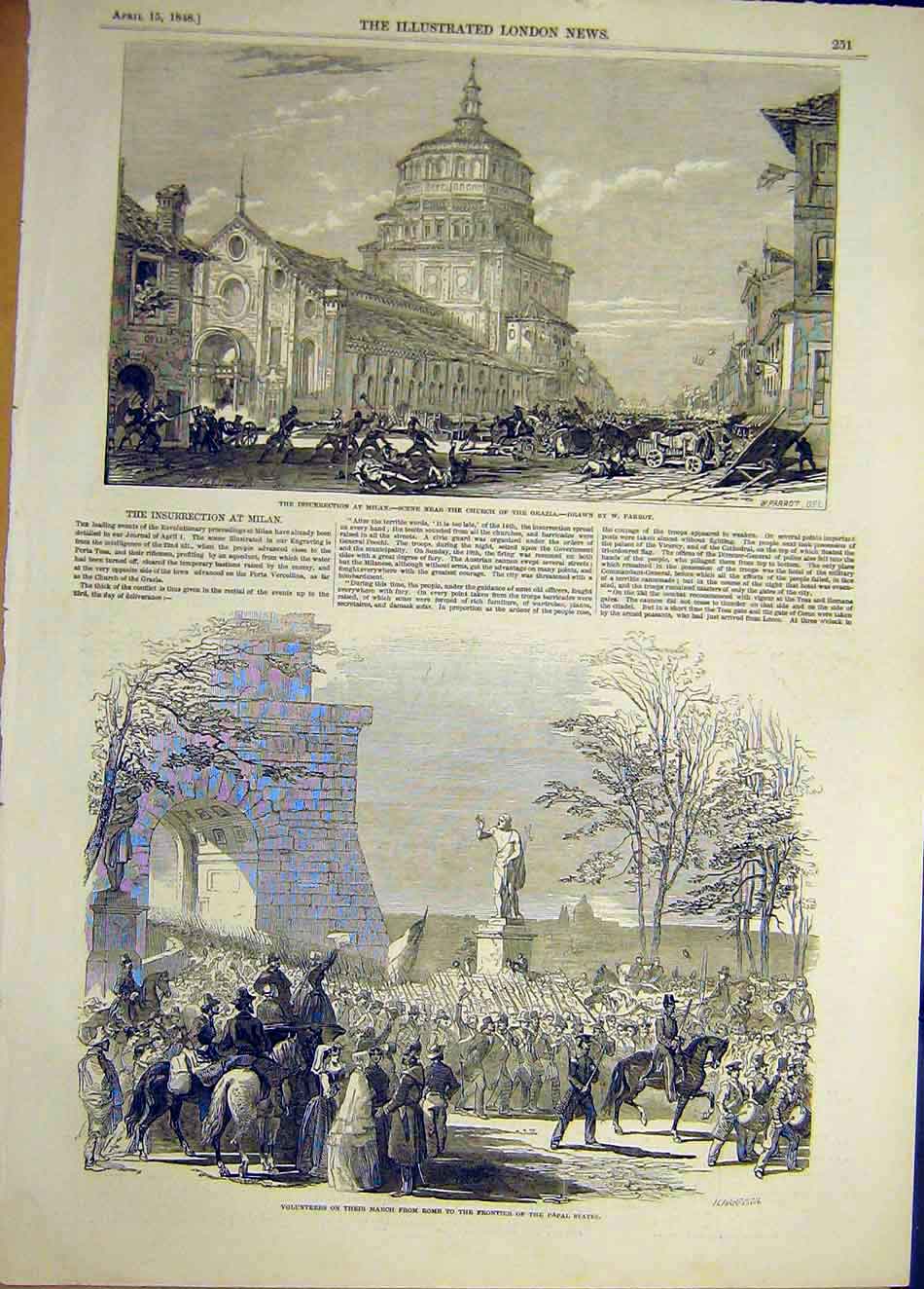 Original Old Antique Print 1848 Milan Church Grazia Parrot Papal States Rome