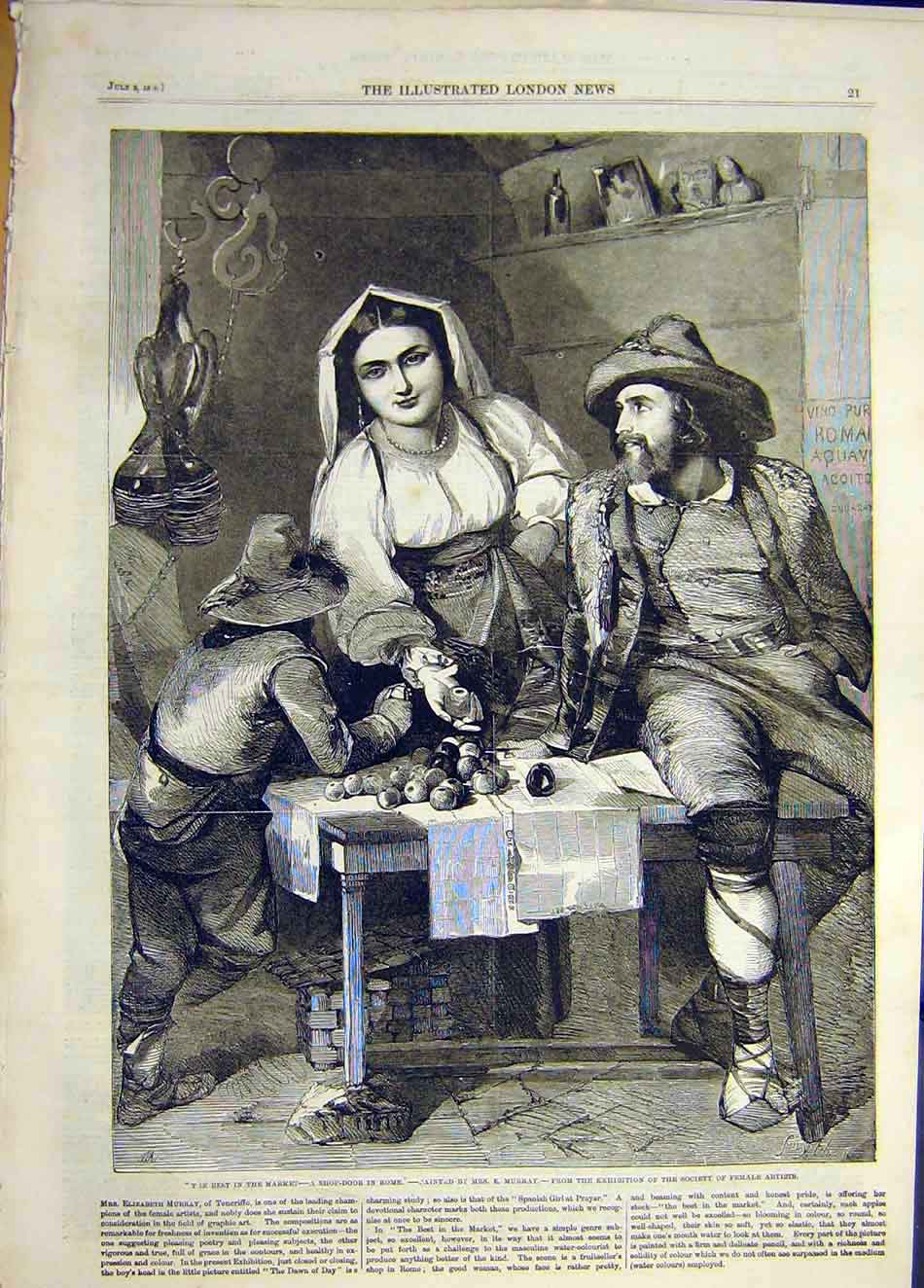Original Old Antique Print 1858 Market Shop-Door Rome Italy Murray Female 19th