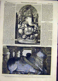 Original Old Antique Print 1858 Ganesa Hindoo Idol Nandi Bull Siva Victorian