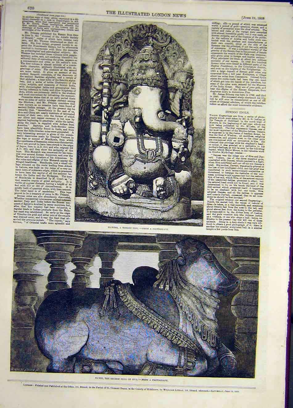 Original Old Antique Print 1858 Ganesa Hindoo Idol Nandi Bull Siva Victorian