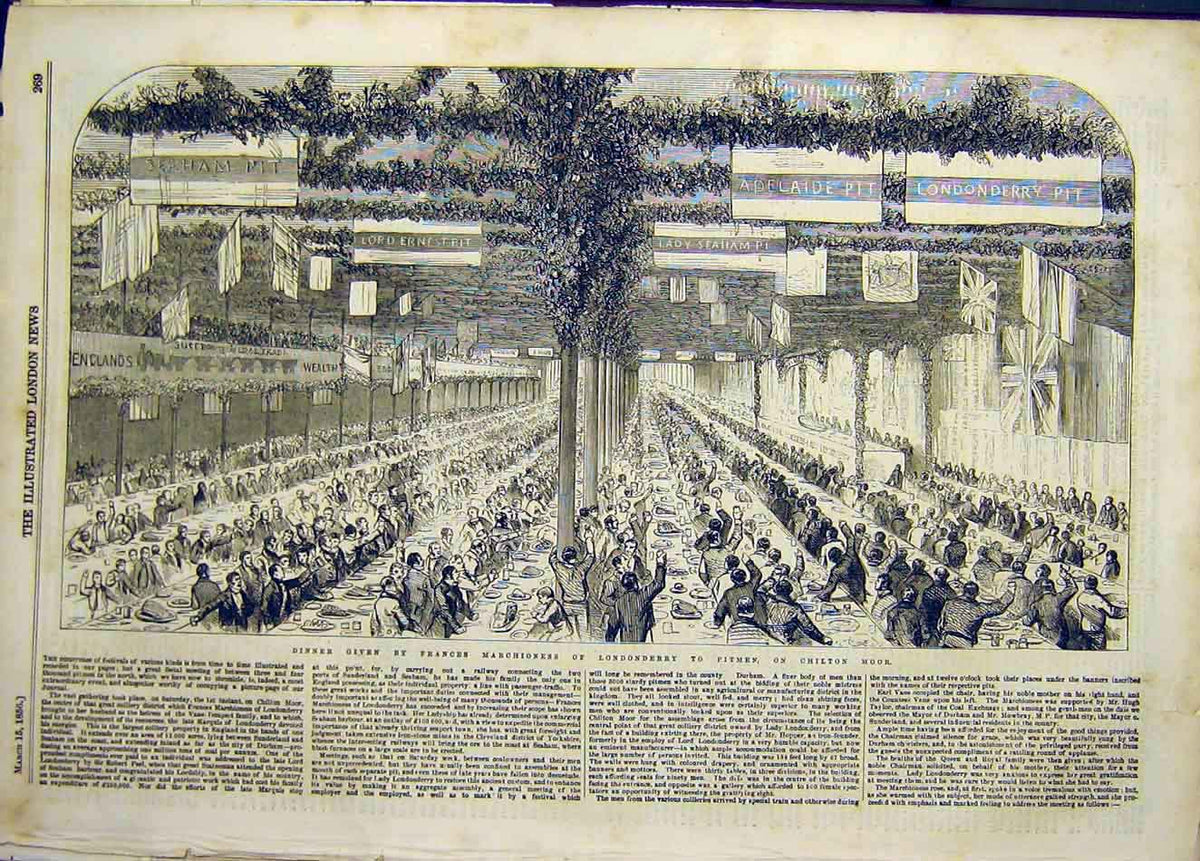 Original Old Antique Print 1856 Dinner Londonderry Pitmen Chilton Moor Victorian
