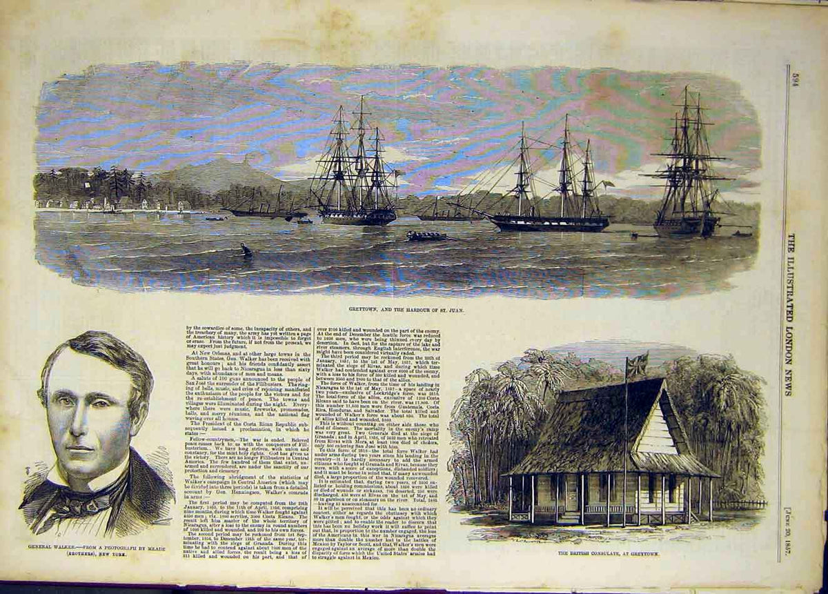 Original Old Antique Print 1857 Gretown Harbour Walker British Consulate 19th