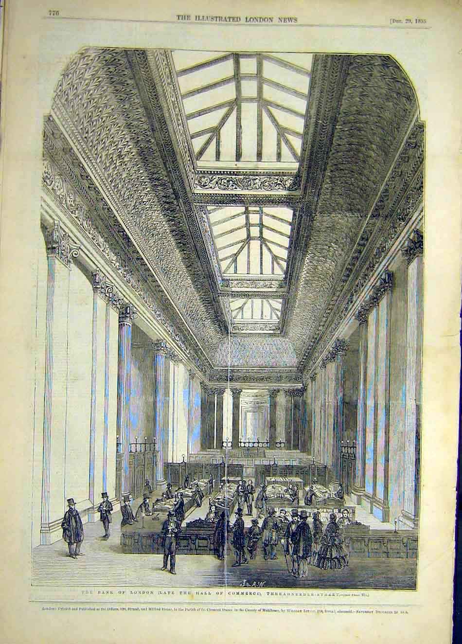 Original Old Antique Print 1855 Bank London Hall Commerce Threadneedle Street