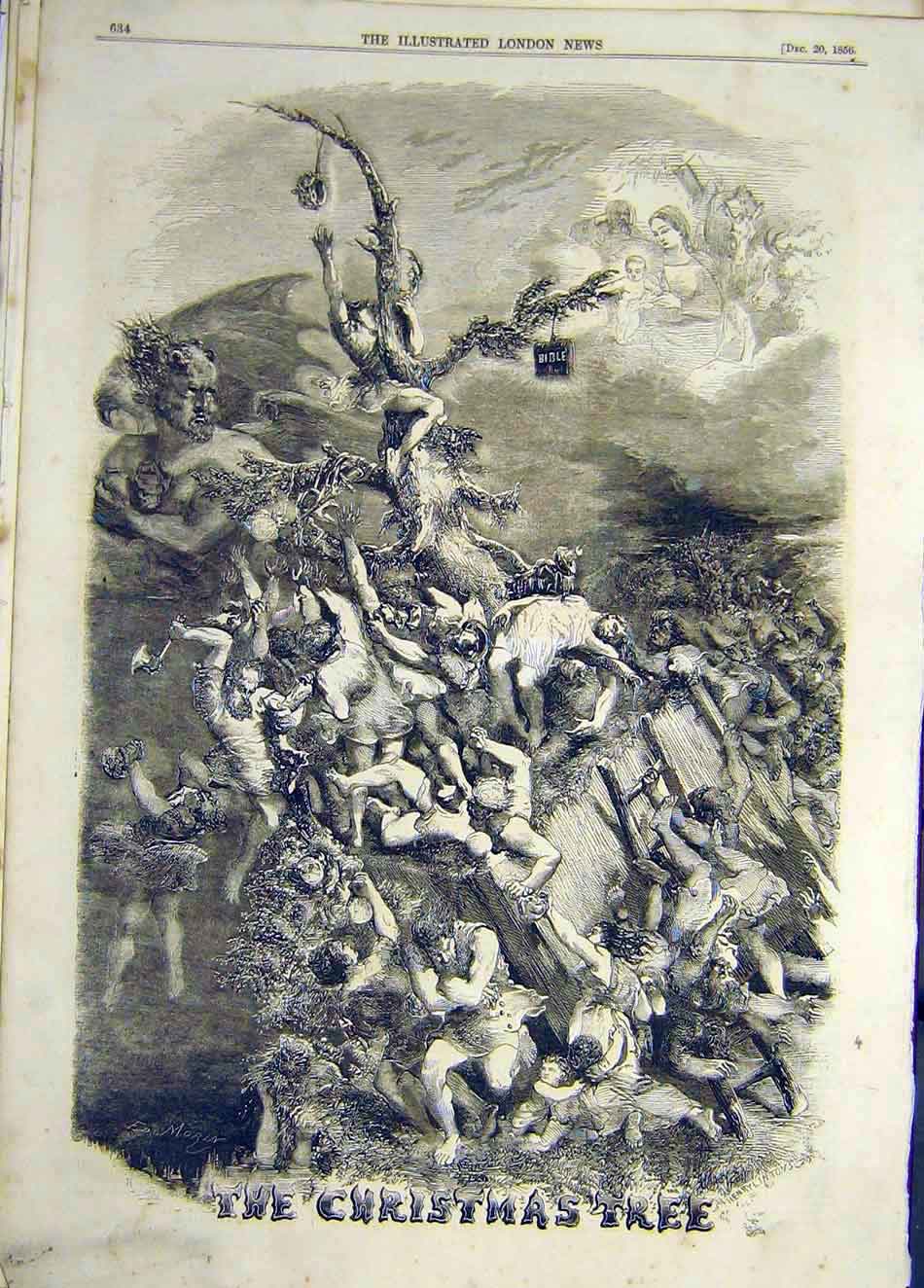 Original Old Antique Print 1856 Christmas Tree Sketch Bible Drawing Victorian