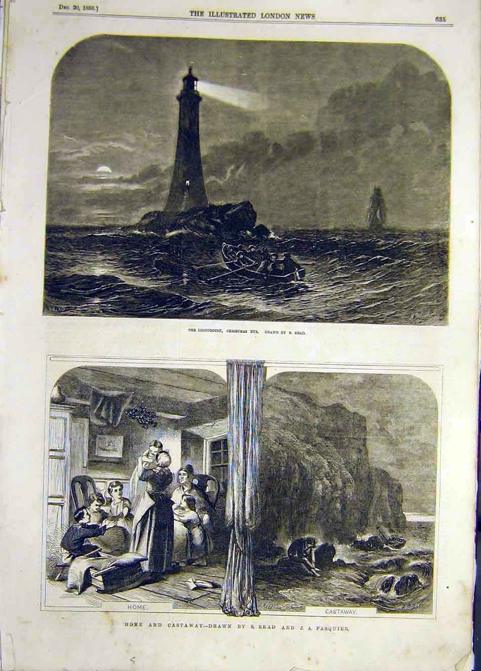 Original Old Antique Print 1856 Lighthouse Christmas Read Home-Castaway Pasquier