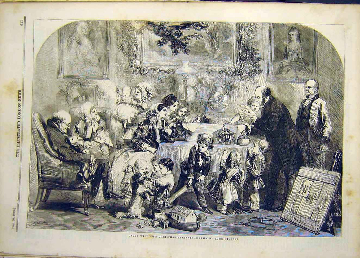 Original Old Antique Print 1856 Christmas Presents Uncle-William Gilbert 19th