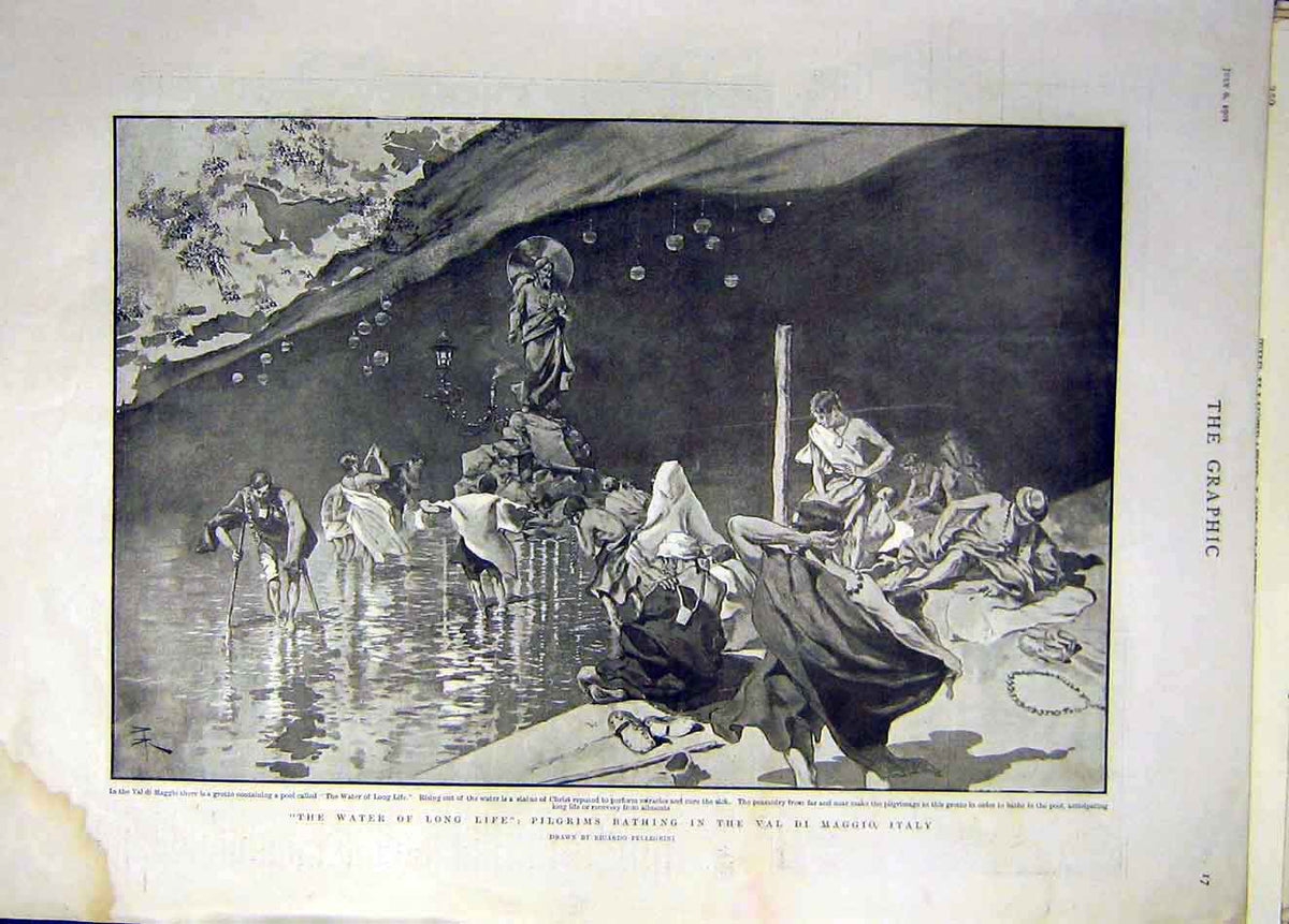Original Old Antique Print 1901 Pilgrims Bathing Val-Di-Maggio Italy Waters 20th