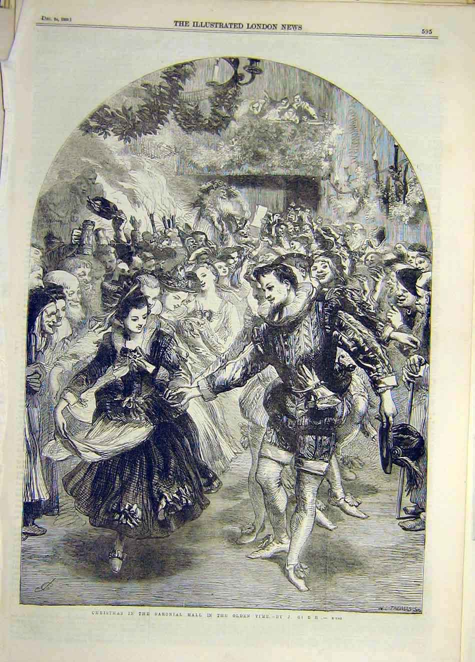 Original Old Antique Print 1859 Christmas Baronial Hall en-Times Gilbert 19th