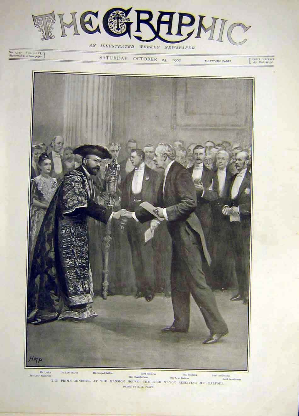 Original Old Antique Print 1902 Prime-Minister Mansion House Mayor Balfour 20th