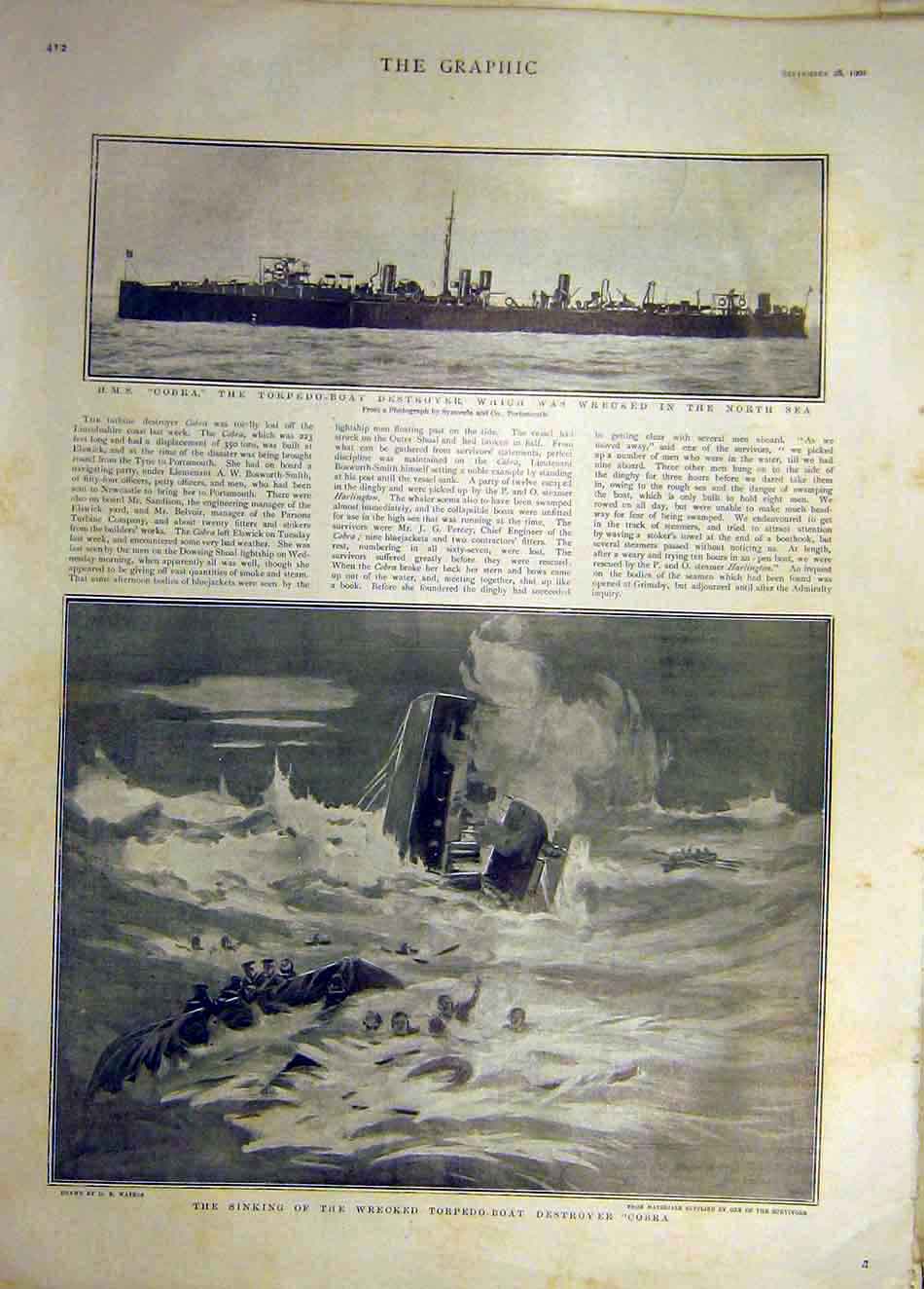 Original Old Antique Print 1901 Hms Cobra Torpedo Boat Destroyer Wreck Ship 20th