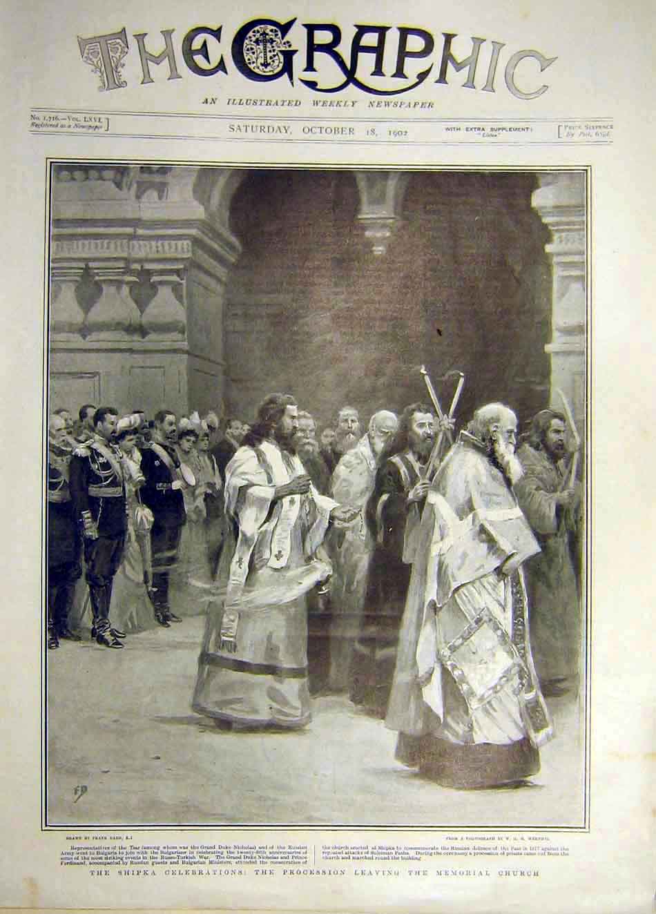 Original Old Antique Print 1902 Shipka Celebratins Procession Memorial Church