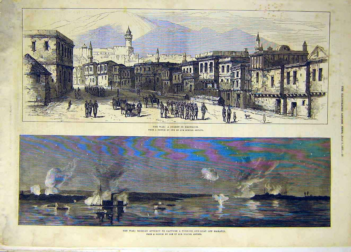 Original Old Antique Print 1877 War Erzeroum Turkish Gun-Boat Maratin Victorian