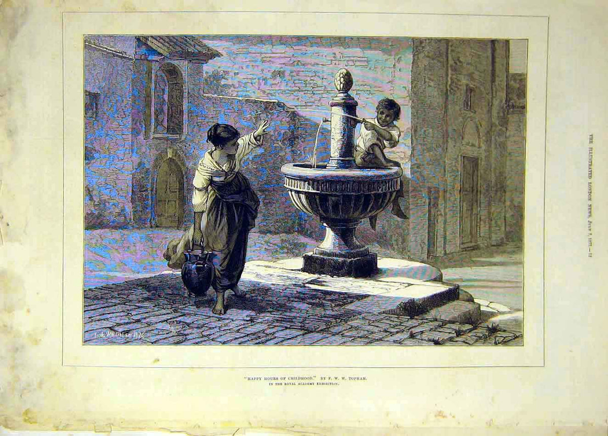 Original Old Antique Print 1877 Happy-House Childhood Topham Fountain Victorian