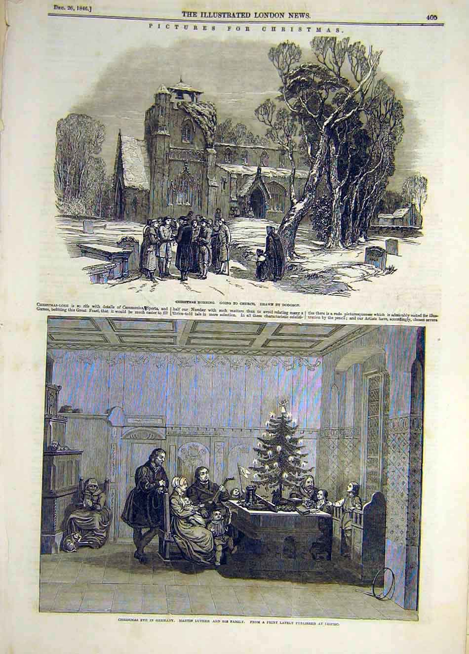 Original Old Antique Print 1846 Christmas Church Dodgson Germany Luther Family