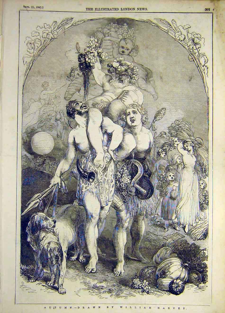 Original Old Antique Print 1847 Autumn Drawing Sketch William-Harvey Harvest