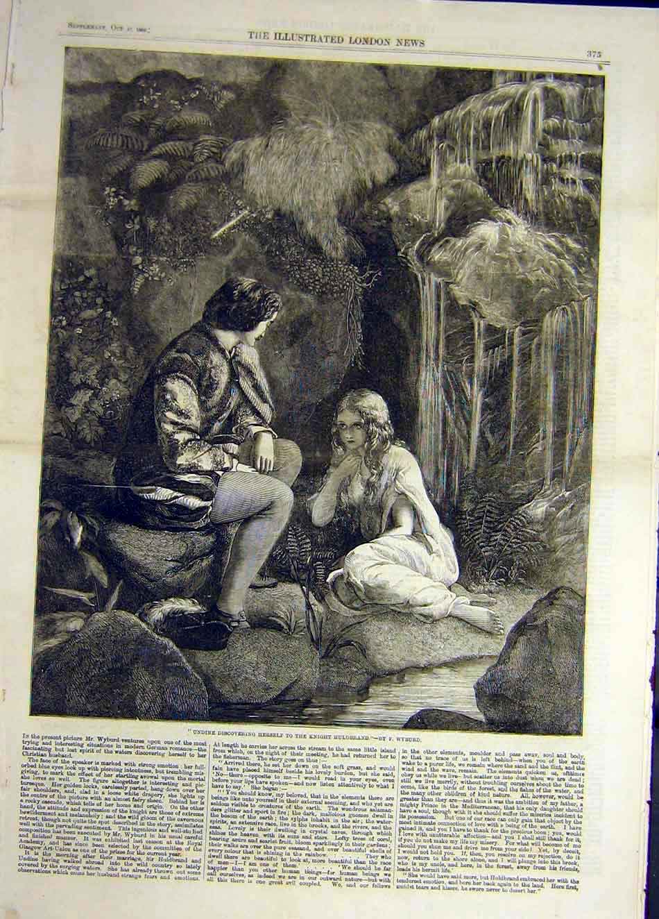 Original Old Antique Print 1859 Knight Huldbrand Undine Wyburd Fine Art 19th