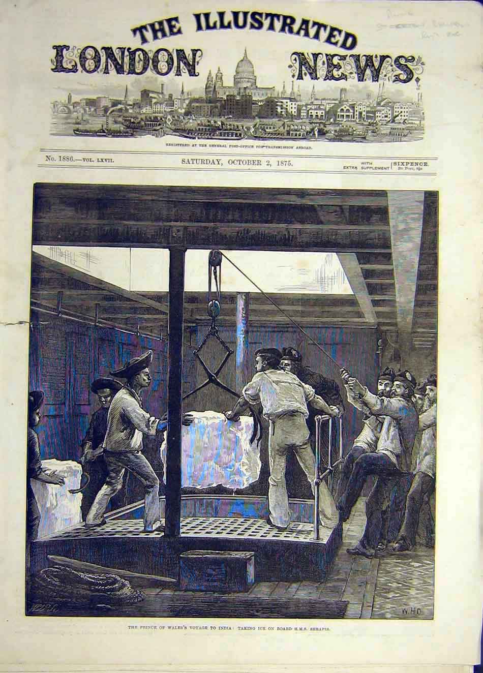 Original Old Antique Print 1875 Prince Wales India Voyage Ice Hms Serapis 19th
