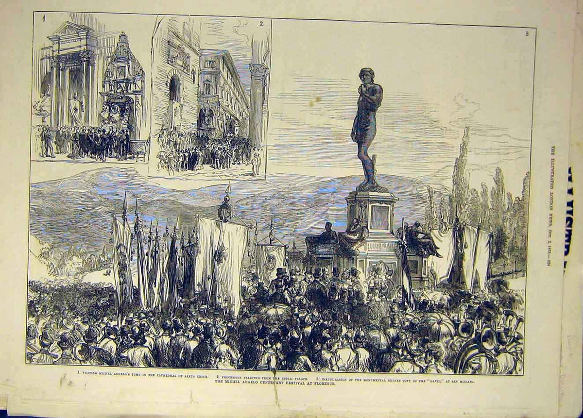 Old Antique Print 1875 Santa Croce Michel Angelo Festival Florence David 19th
