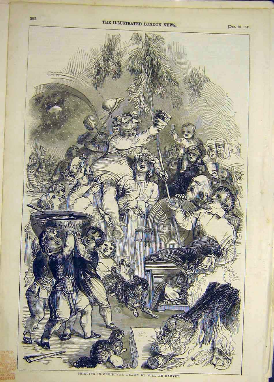 Original Old Antique Print 1845 Christmas Harvey Sketch People Celebrations 19th