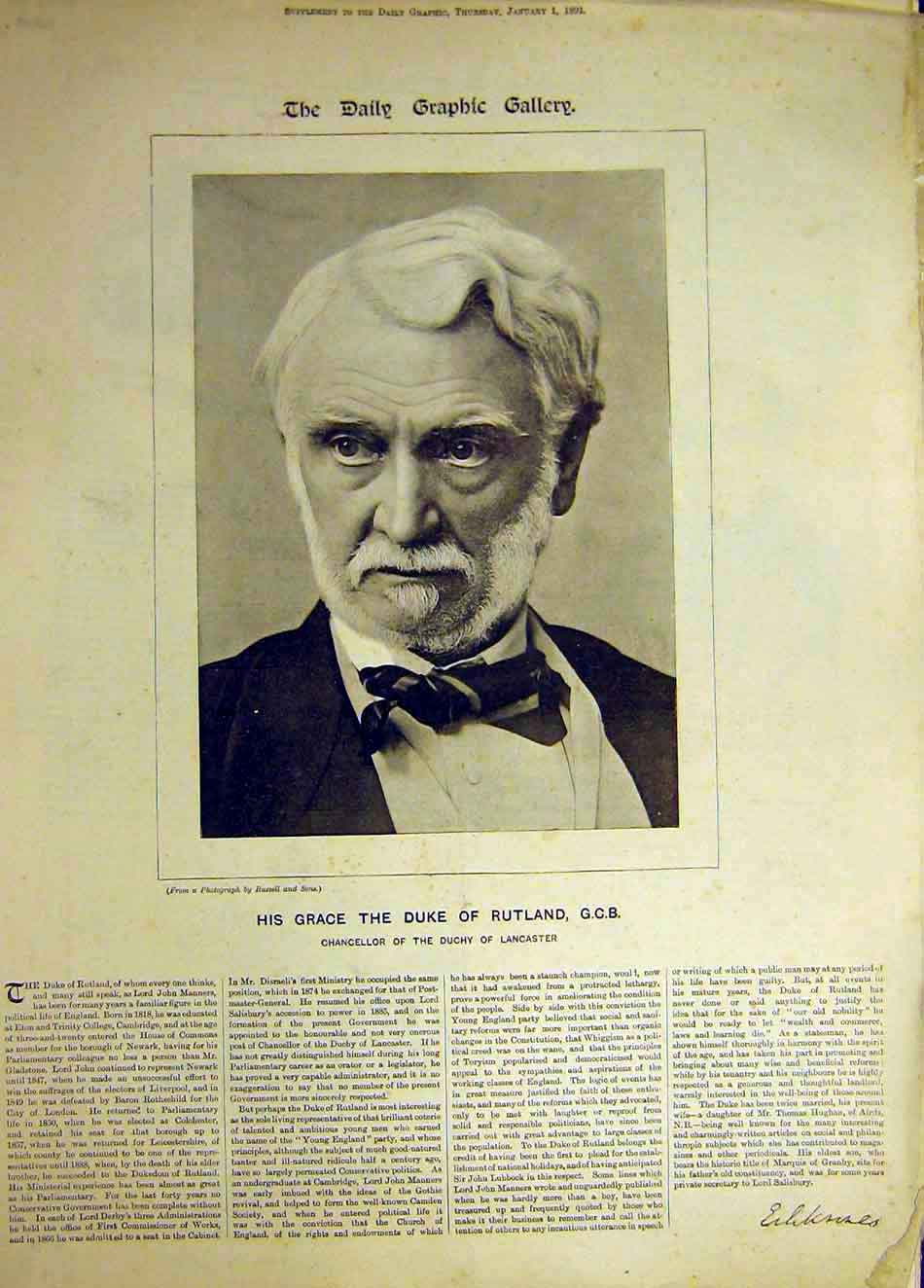 Original Old Antique Print 1891 Portrait Duke Rutland Chancellor Lancaster 19th