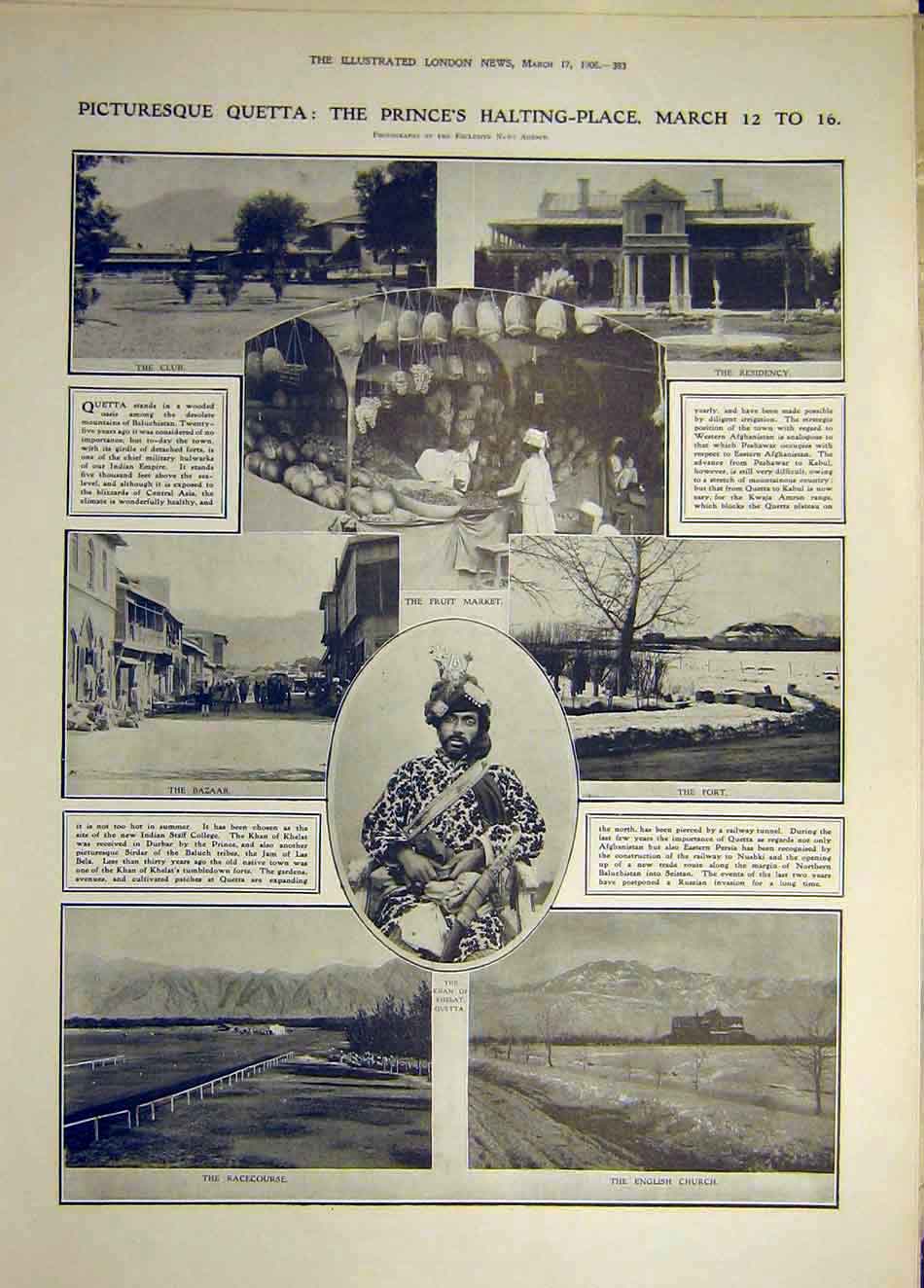 Original Old Antique Print 1906 Quetta Princess Bazaar Market Church Fort 20th