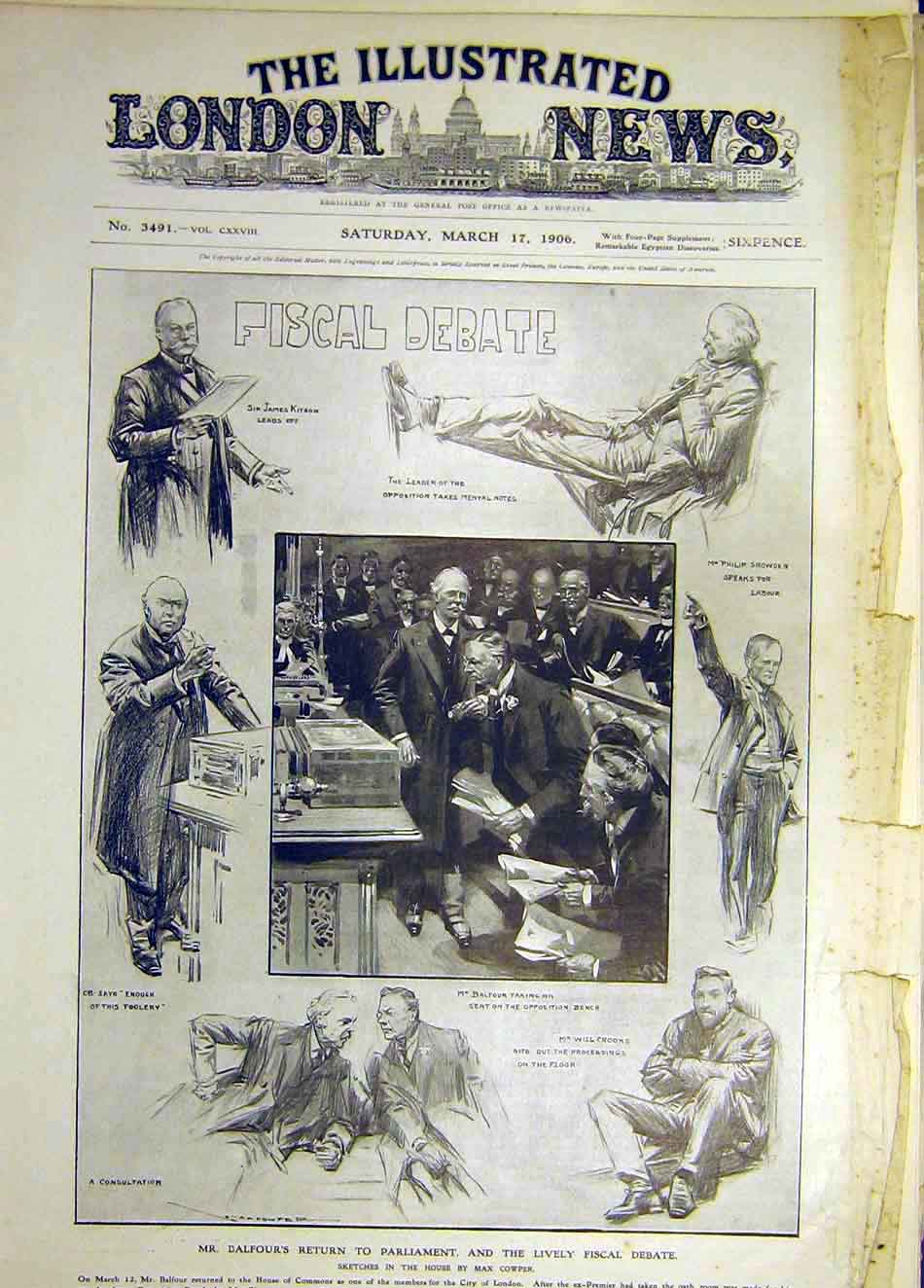Original Old Antique Print 1906 Fiscal Debate Balfour Parliament Cowper Sketch