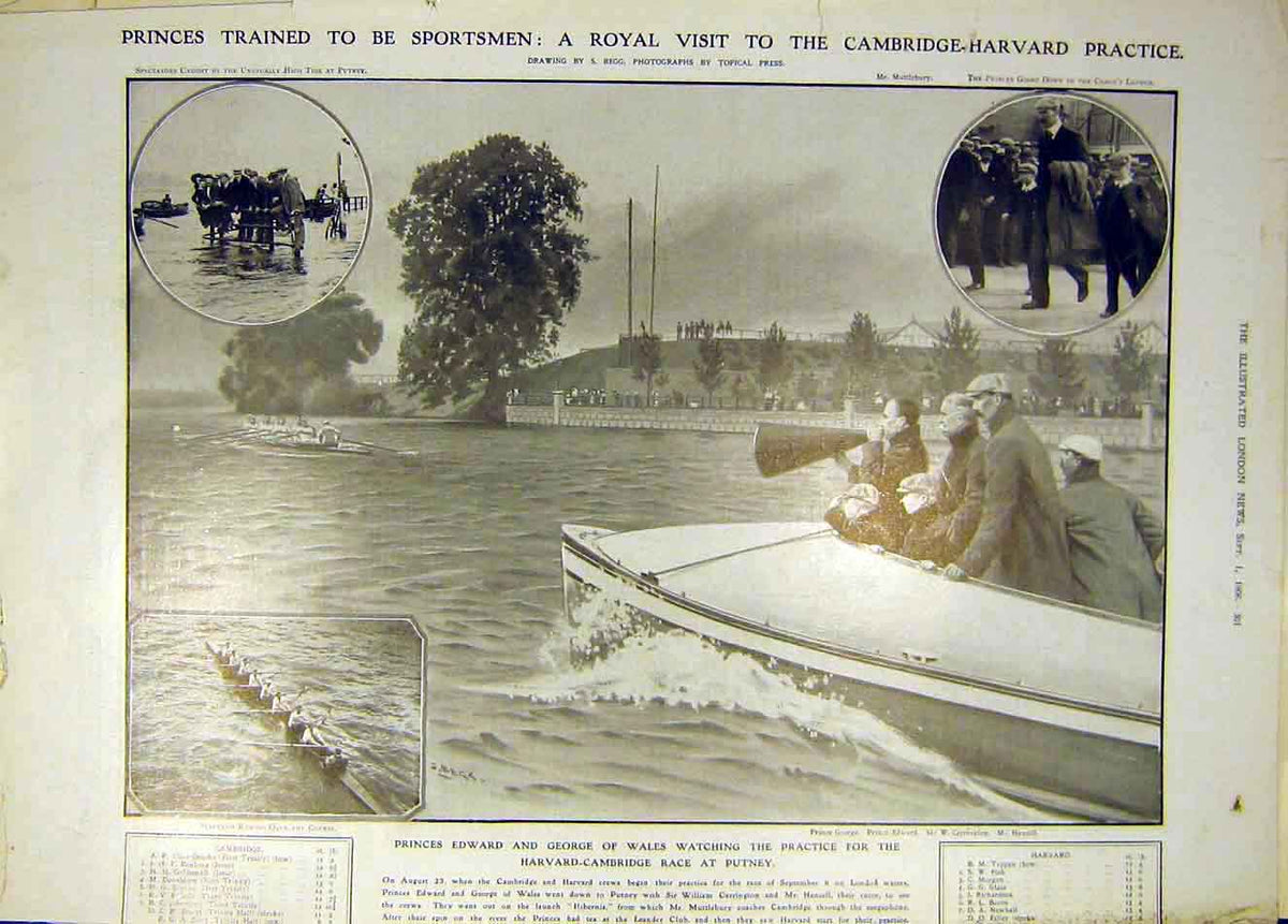 Original Old Antique Print 1906 Cambridge Harvard Practicve Boat Race Prince