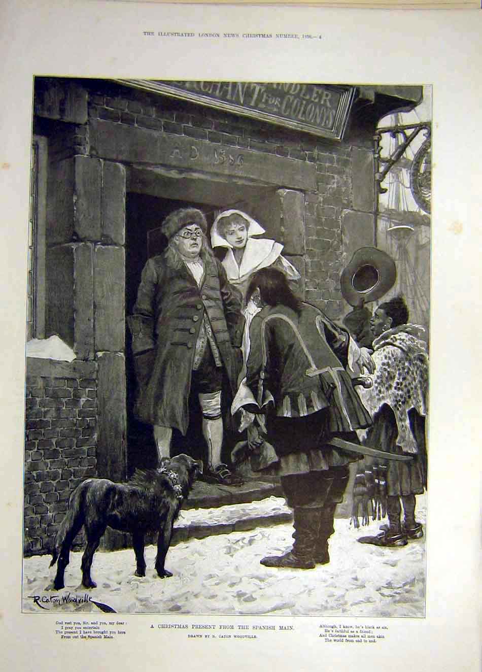 Original Old Antique Print 1896 Christmas Present Spanish Main Woodville Man