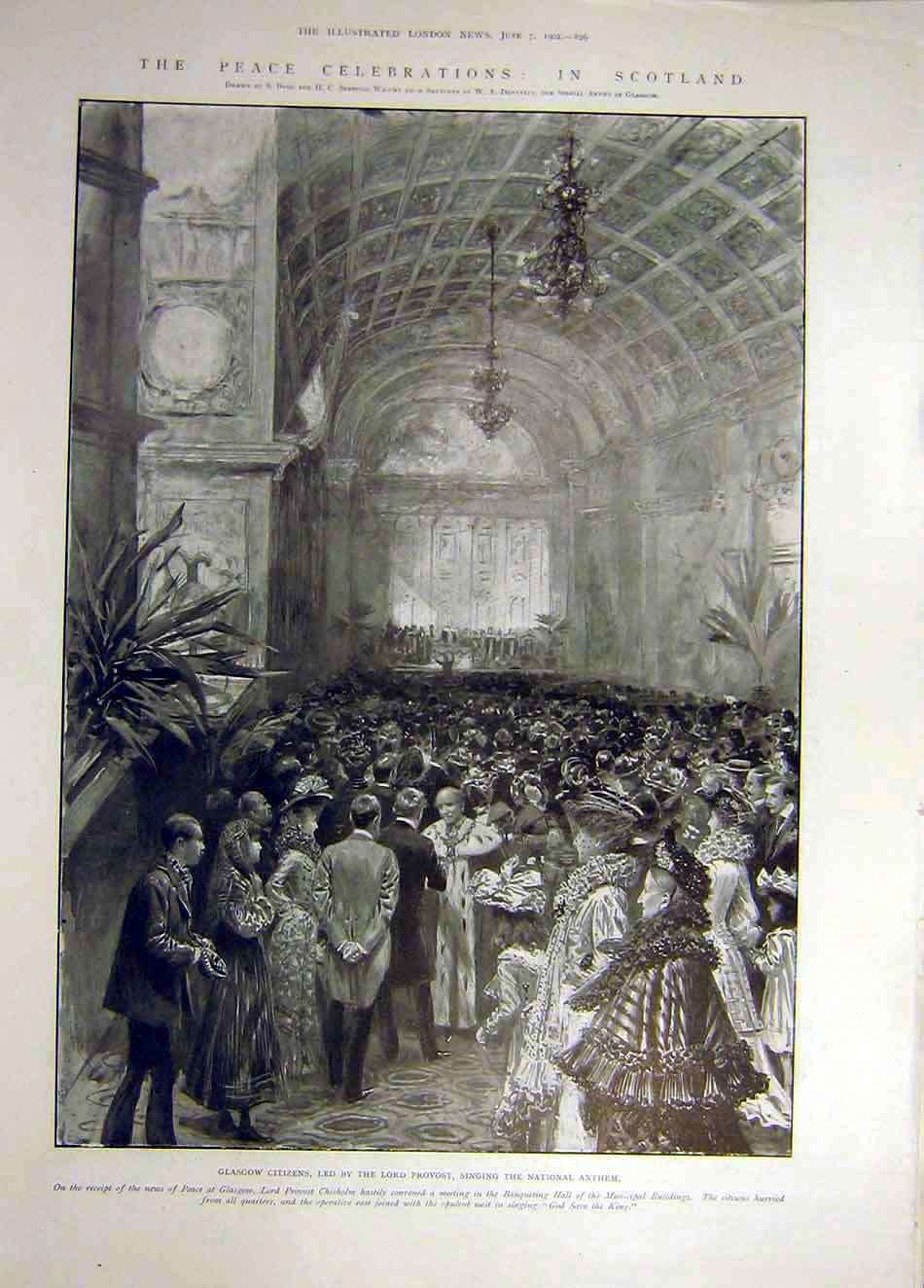 Old Antique Print 1902 Peace Celebrations Scotland Glasgow Provost Anthem 20th