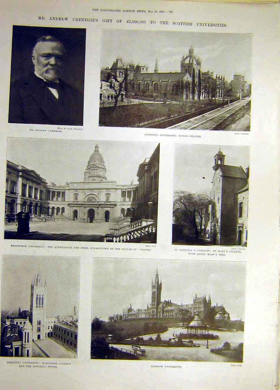 Original Old Antique Print 1901 Carnegie Scottish University Aberdeen Glasgow