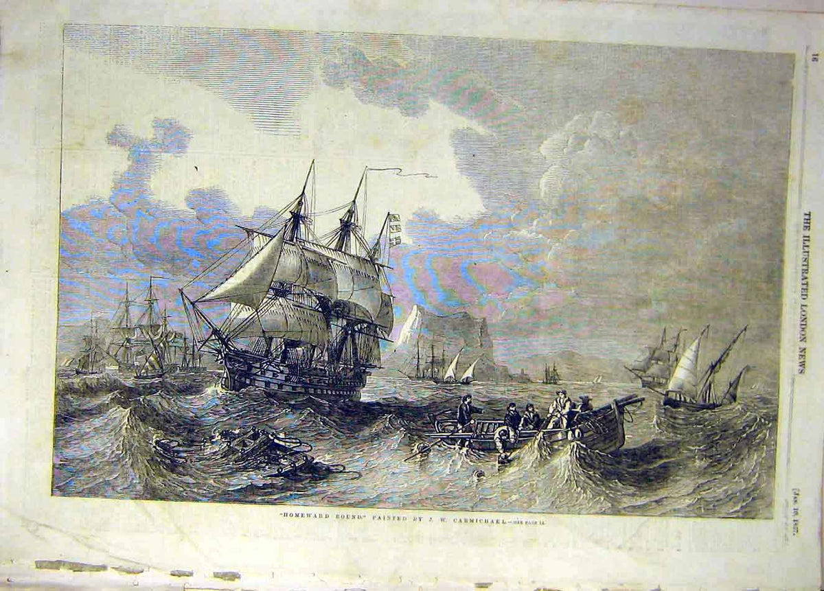 Original Old Antique Print 1857 Homeward-Bound Carmichael Ships Boat Sea 19th