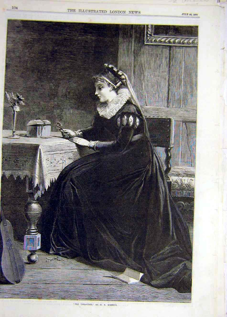 Original Old Antique Print 1870 -Treasures Roberts Lady Rose Fine Art Victorian