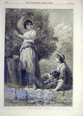 Original Old Antique Print 1870 Mulberry Leaves Gathering Topham Ladies Child
