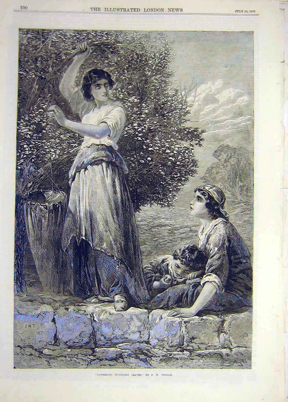 Original Old Antique Print 1870 Mulberry Leaves Gathering Topham Ladies Child