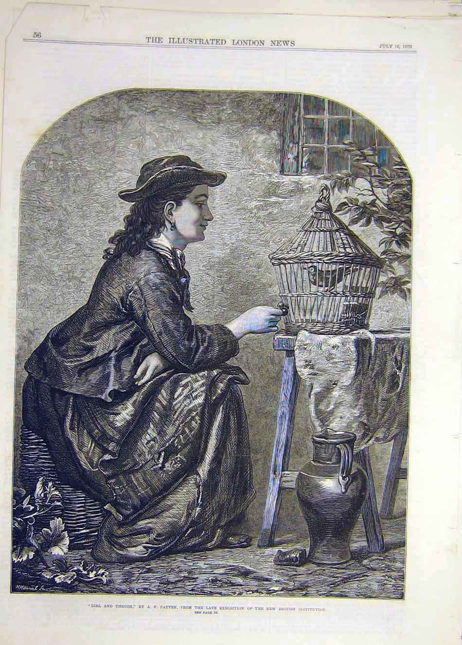 Original Old Antique Print 1870 Girl Thrush Patten Fine Art 19th