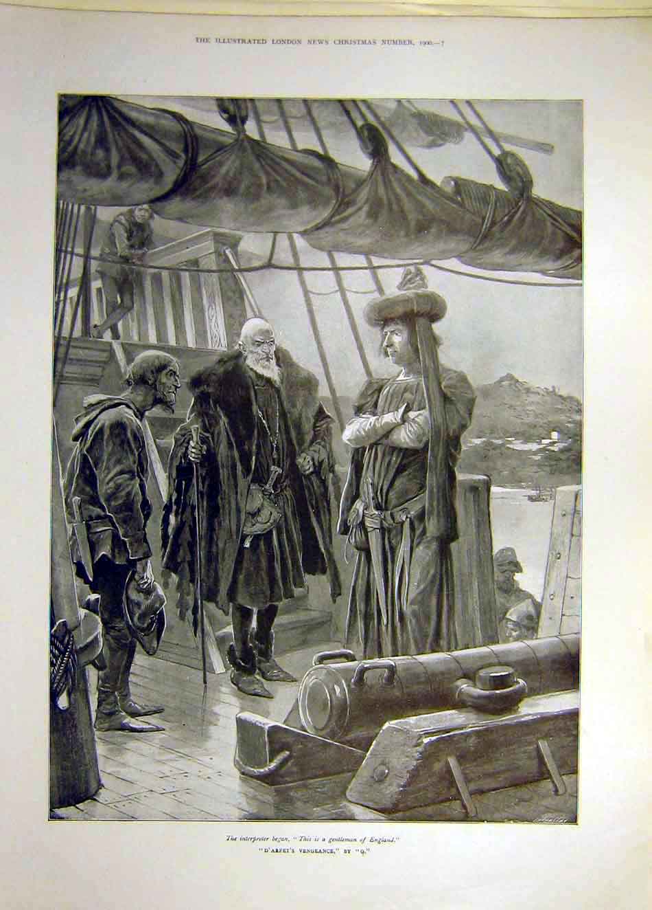 Original Old Antique Print 1900 D'Arfet'S Vengeance Ship English Gentleman 20th