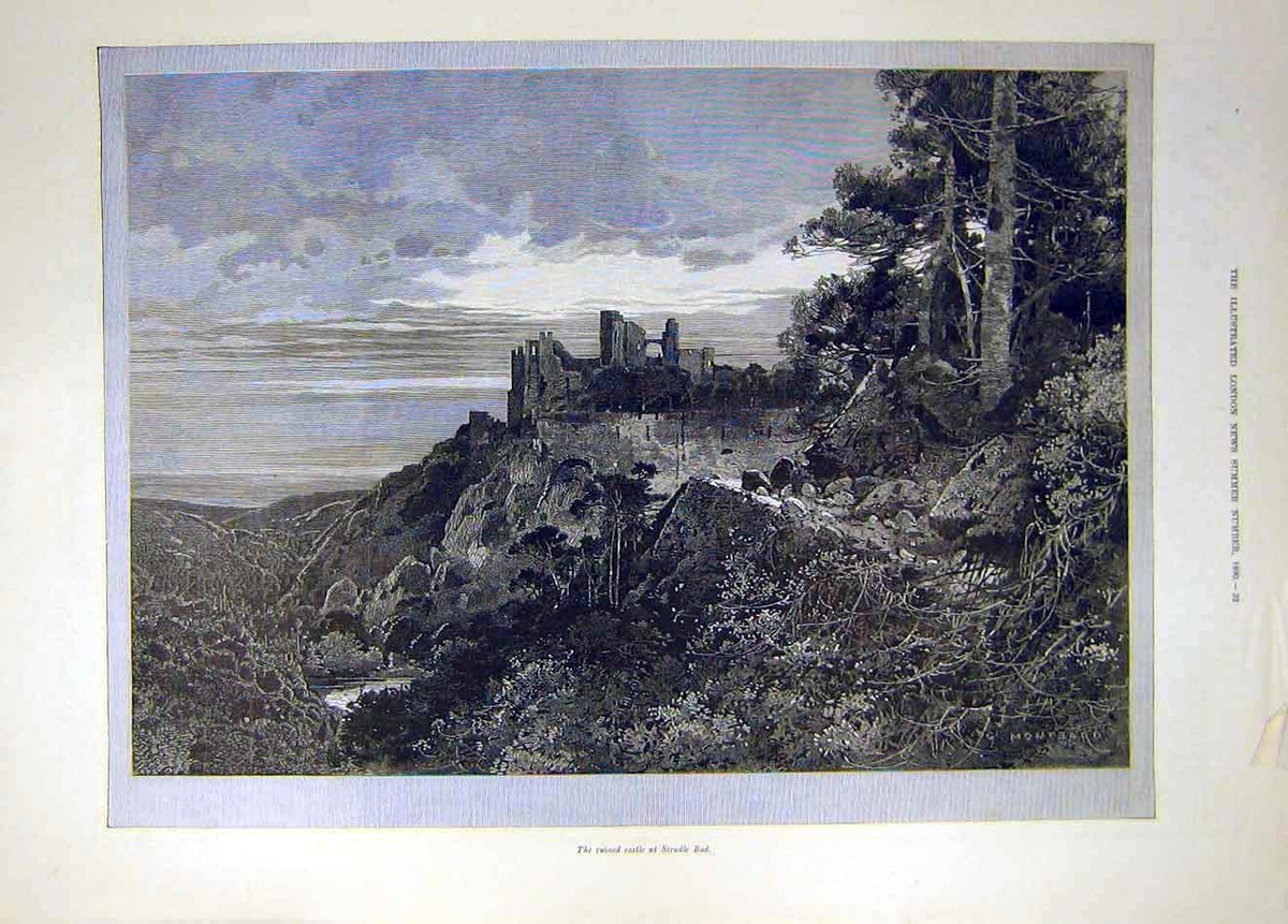 Original Old Antique Print 1890 Ruin Castle Strudle Bad 19th Century