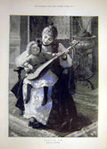 Original Old Antique Print 1891 Tuning-Up Forestier Child Lute Mother Lady Music