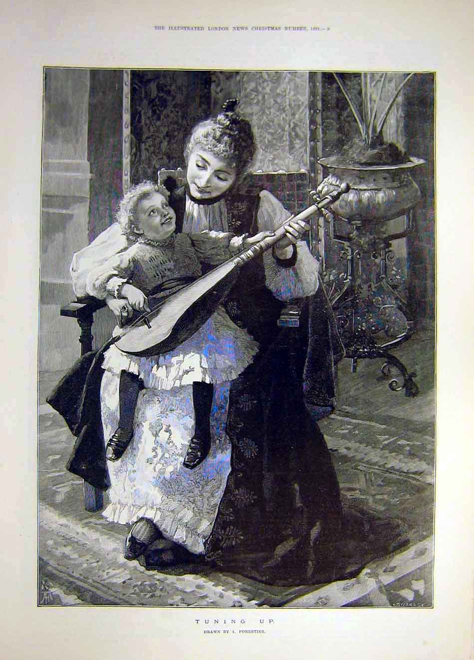 Original Old Antique Print 1891 Tuning-Up Forestier Child Lute Mother Lady Music