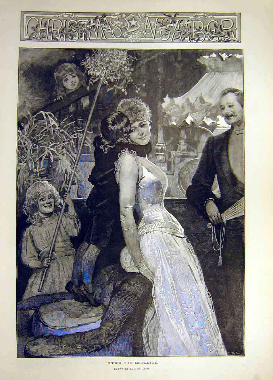 Original Old Antique Print Mistletoe Lucien-Davis Kiss Lady Children Christmas