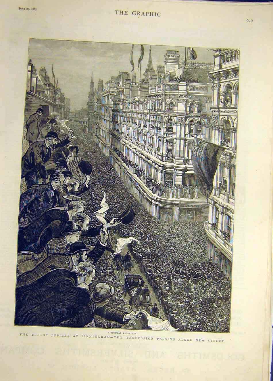 Original Old Antique Print 1883 Jubilee Birimngham Queen Procession Street 19th