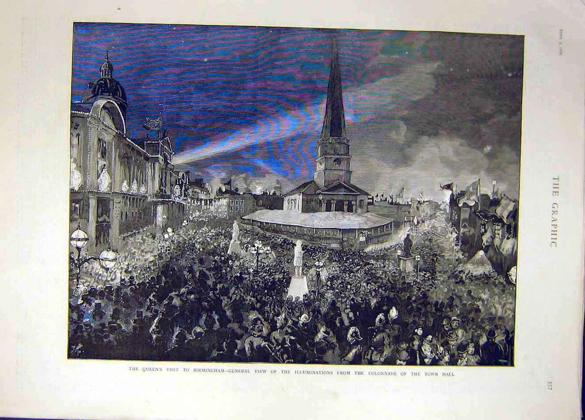 Original Old Antique Print 1887 Queen Visit Birmingham Town Hall Illuminations