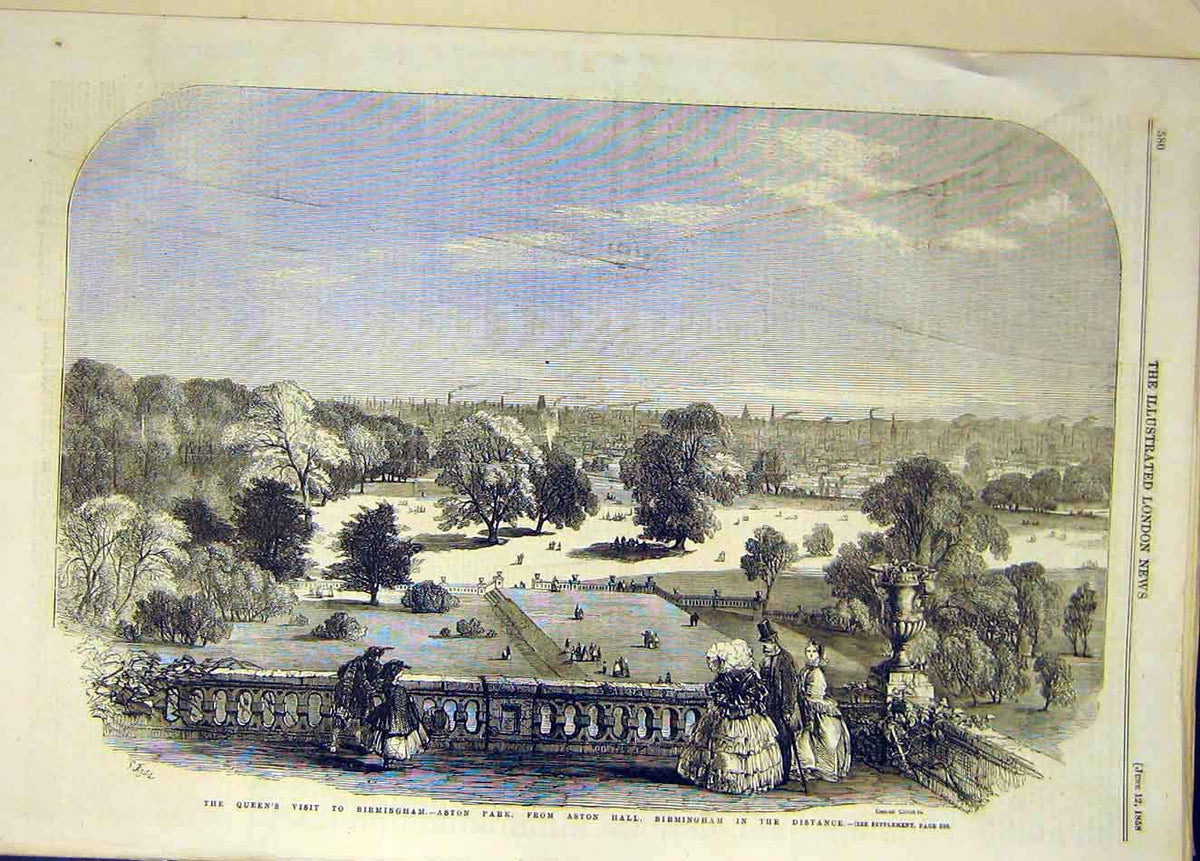 Original Old Antique Print 1858 Birmingham Queen Visit Aston Park View Victorian