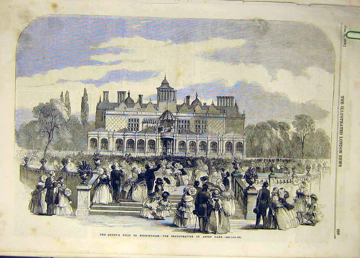 Original Old Antique Print 1858 Birmingham Queen Visit Aston Park Inauguration