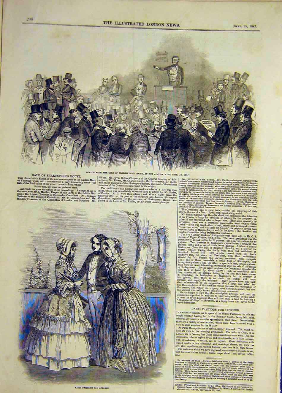 Original Old Antique Print 1847 Sketchs Shakespeare House Auction Paris Fashion