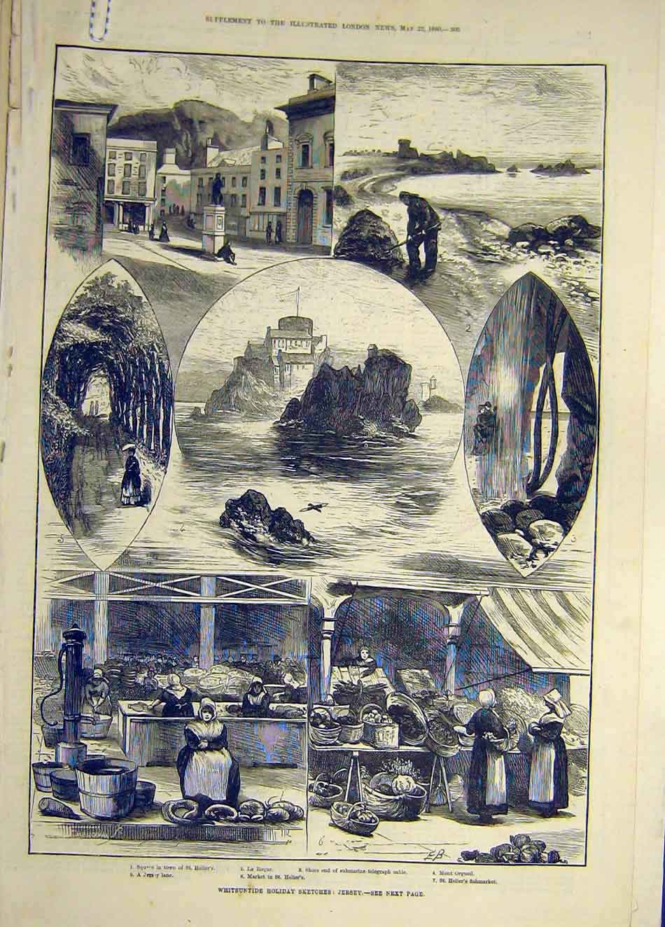 Old Antique Print 1880 Whitsuntide Holiday Sketches Jersey Channel-Island 19th