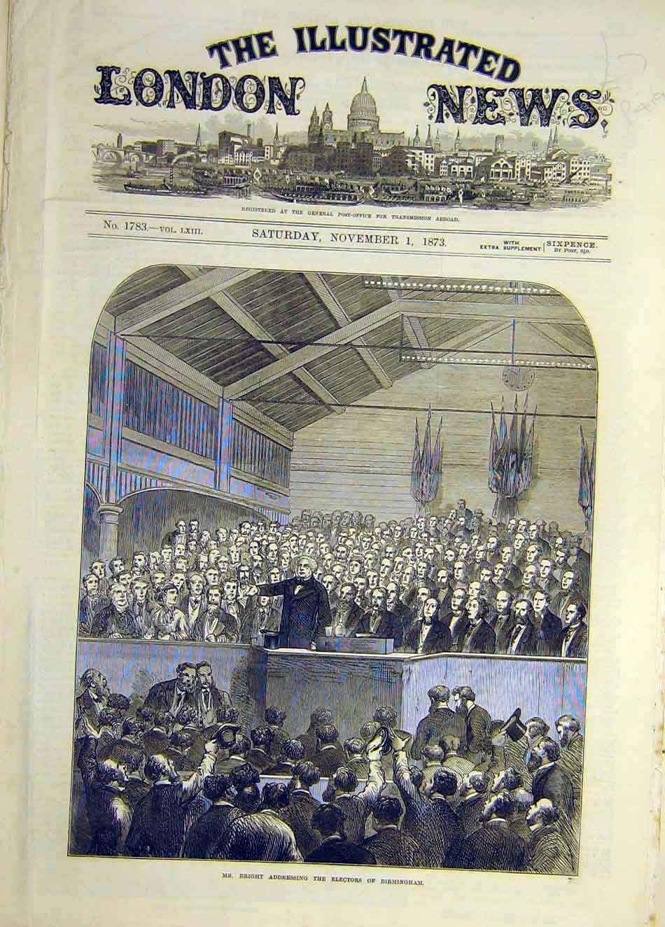 Original Old Antique Print 1873 Bright Electors Birmingham Address Meeting 19th